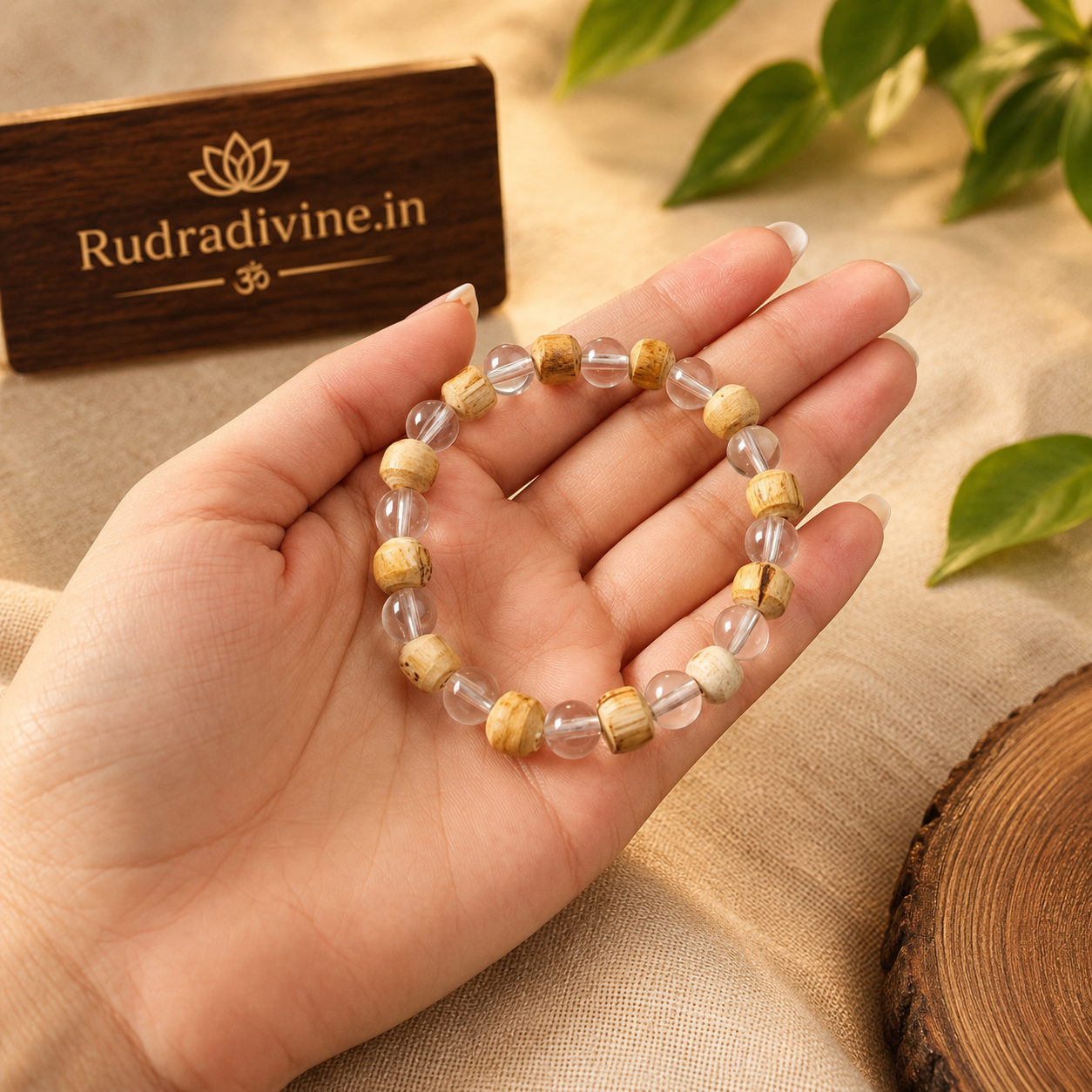 Tulsi Crystal Bracelet with natural Tulsi wood and crystal 8MM beads, officially Lab Certified by Rudradivine for meditation, positivity and spiritual wellness.