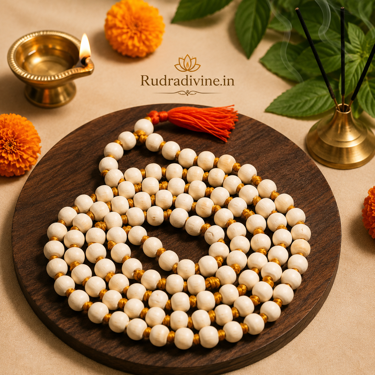 Tulsi Mala 108+1 Beads crafted with natural 8MM Tulsi wood beads and official Lab Certificate by Rudradivine for mantra chanting, meditation and spiritual devotion.