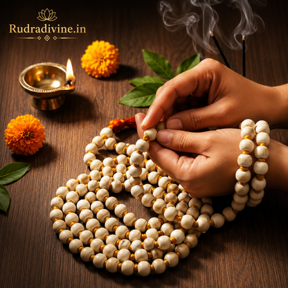 Tulsi Mala 108+1 Beads crafted with natural 8MM Tulsi wood beads and official Lab Certificate by Rudradivine for mantra chanting, meditation and spiritual devotion.