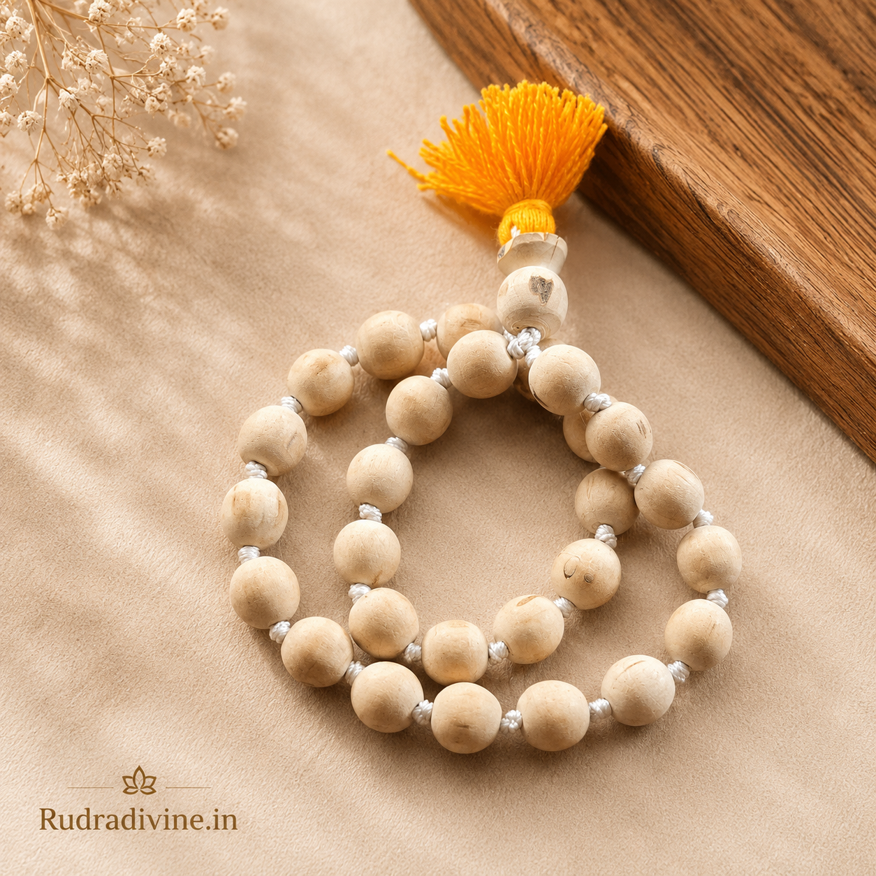 Tulsi Mala 27+1 Beads crafted with natural 8MM Tulsi wood beads and official Lab Certificate by Rudradivine for prayer, meditation and daily spiritual devotion.