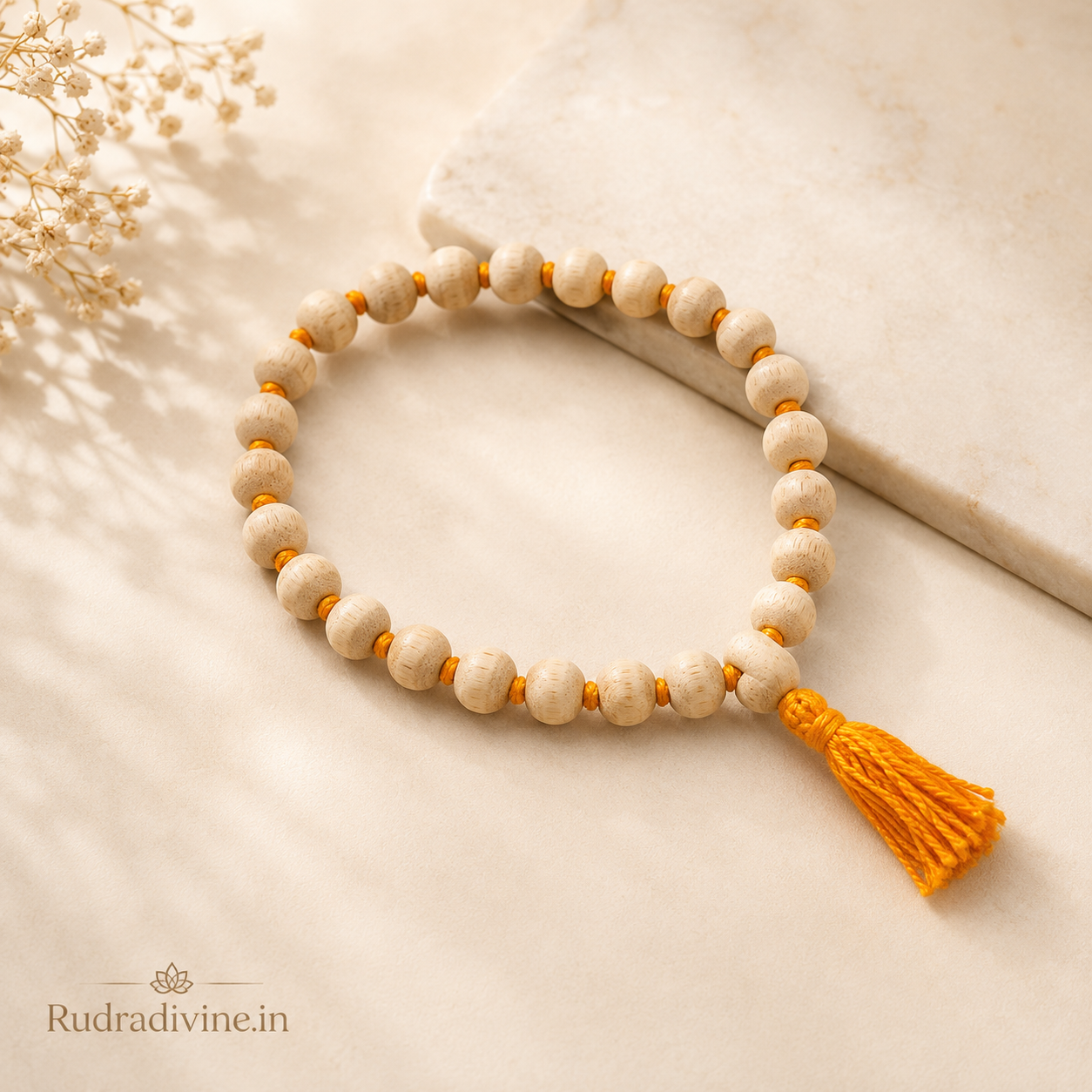 Tulsi Mala 27+1 Beads crafted with natural 8MM Tulsi wood beads and official Lab Certificate by Rudradivine for prayer, meditation and daily spiritual devotion.
