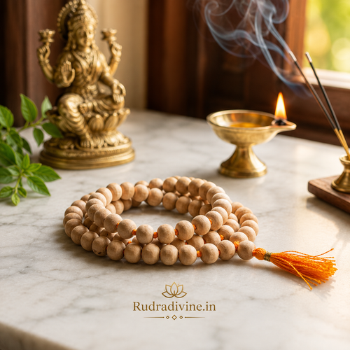 Tulsi Mala 54+1 Beads crafted with natural 8MM Tulsi wood beads and official Lab Certificate by Rudradivine for prayer, meditation and daily spiritual devotion.