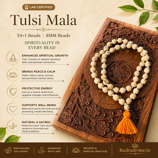 Tulsi Mala 54+1 Beads crafted with natural 8MM Tulsi wood beads and official Lab Certificate by Rudradivine for prayer, meditation and daily spiritual devotion.