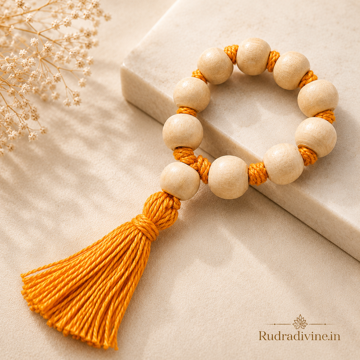 Tulsi Mala 9+1 Beads with natural 8MM Tulsi wood beads and official Lab Certificate by Rudradivine for daily prayer, meditation and spiritual devotion.