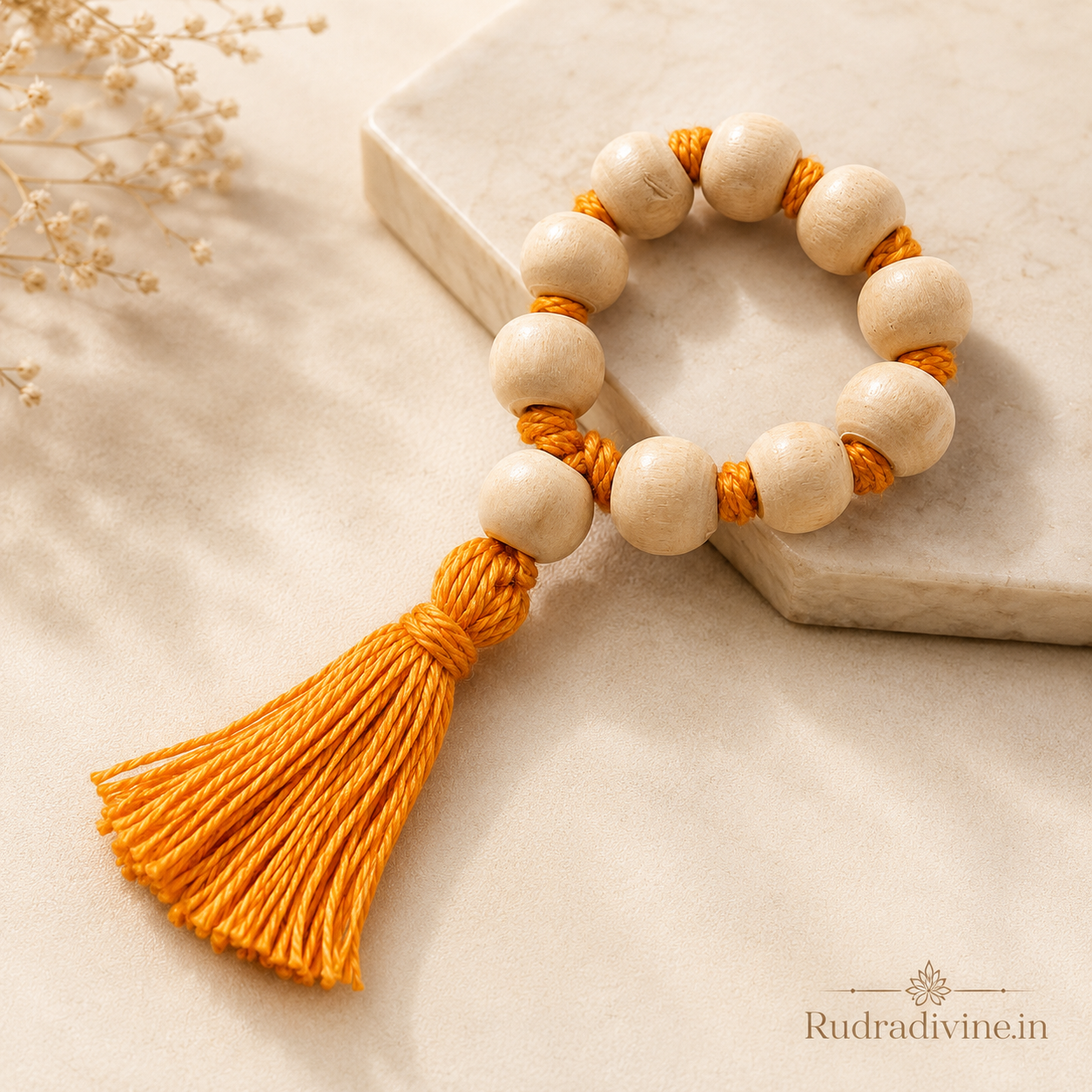 Tulsi Mala 9+1 Beads with natural 8MM Tulsi wood beads and official Lab Certificate by Rudradivine for daily prayer, meditation and spiritual devotion.