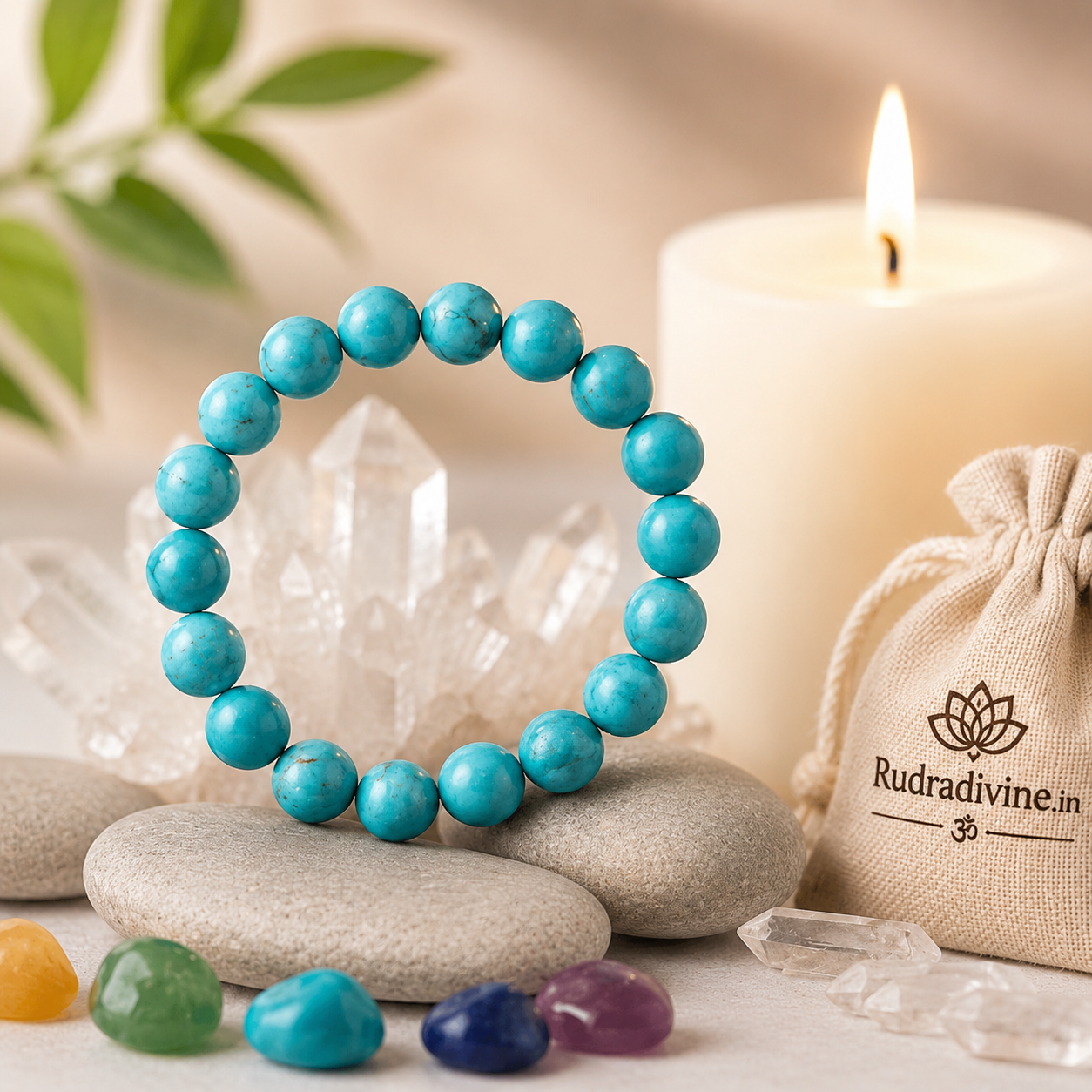 Turquoise Bracelet crafted with natural 8MM Turquoise gemstone beads and official Lab Certificate by Rudradivine for protection, peace, positivity and spiritual wellness.