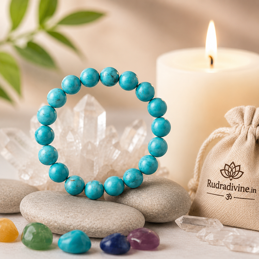 Turquoise Bracelet crafted with natural 8MM Turquoise gemstone beads and official Lab Certificate by Rudradivine for protection, peace, positivity and spiritual wellness.