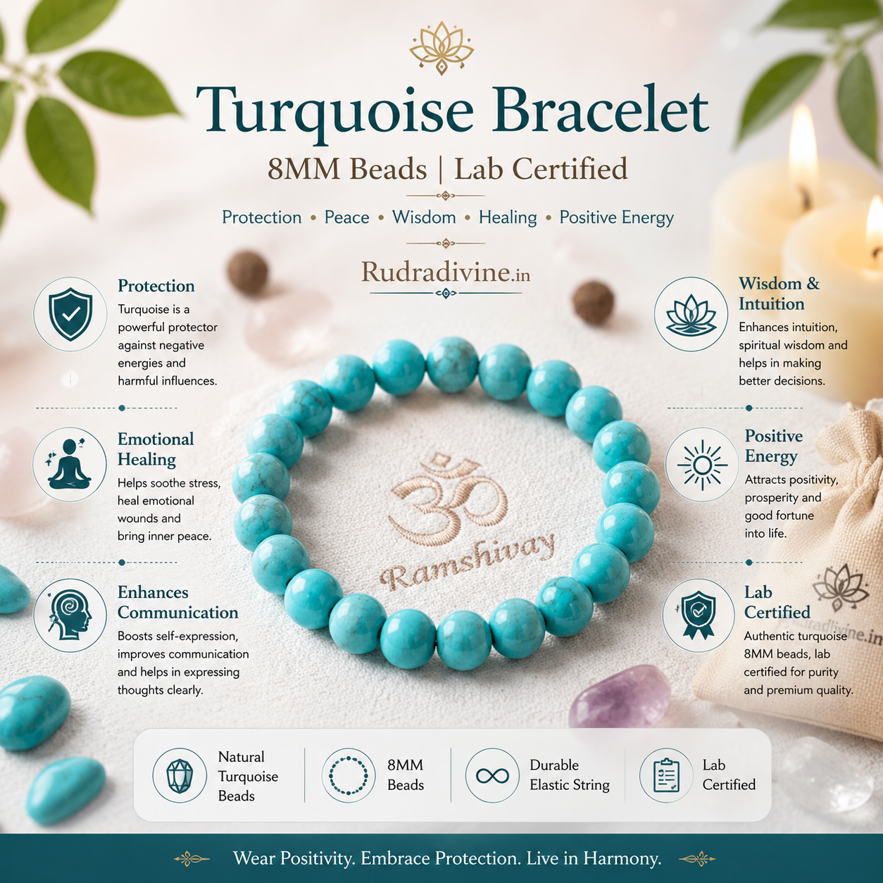 Turquoise Bracelet crafted with natural 8MM Turquoise gemstone beads and official Lab Certificate by Rudradivine for protection, peace, positivity and spiritual wellness.