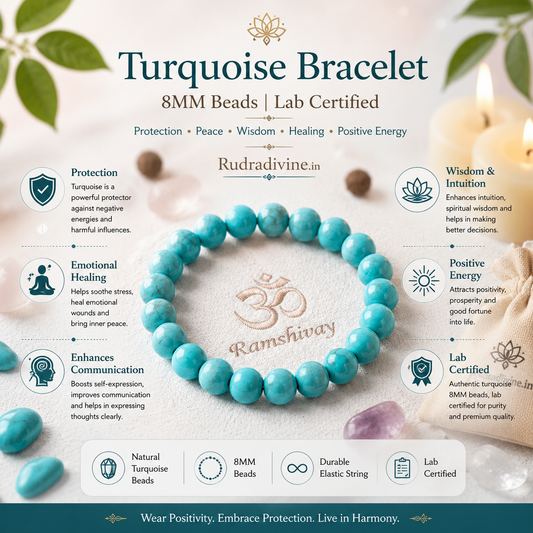 Turquoise Bracelet crafted with natural 8MM Turquoise gemstone beads and official Lab Certificate by Rudradivine for protection, peace, positivity and spiritual wellness.