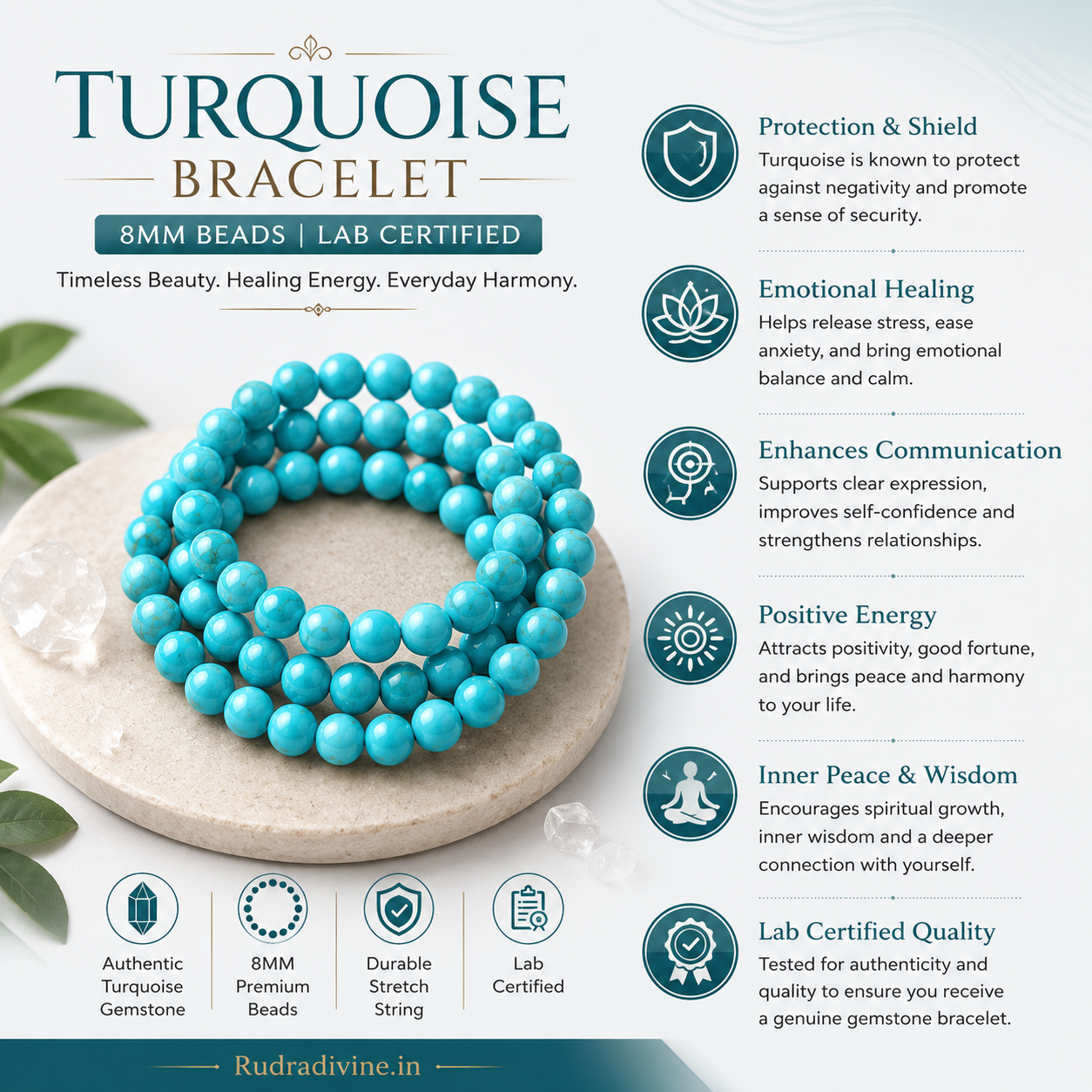 Turquoise Bracelet crafted with natural 8MM Turquoise gemstone beads and official Lab Certificate by Rudradivine for protection, peace, positivity and spiritual wellness.