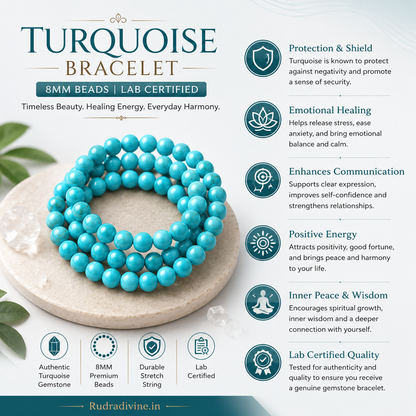 Turquoise Bracelet crafted with natural 8MM Turquoise gemstone beads and official Lab Certificate by Rudradivine for protection, peace, positivity and spiritual wellness.