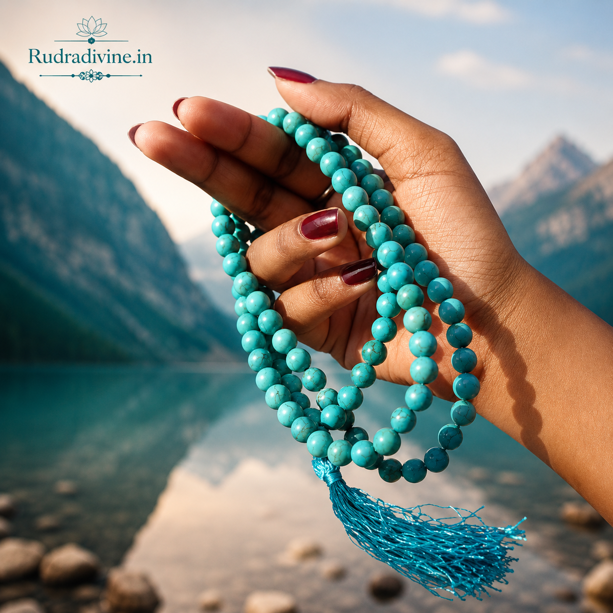 Turquoise Mala 108+1 Beads with natural 6MM Turquoise gemstones and official Lab Certificate by Rudradivine for meditation, protection, peace, and spiritual growth.