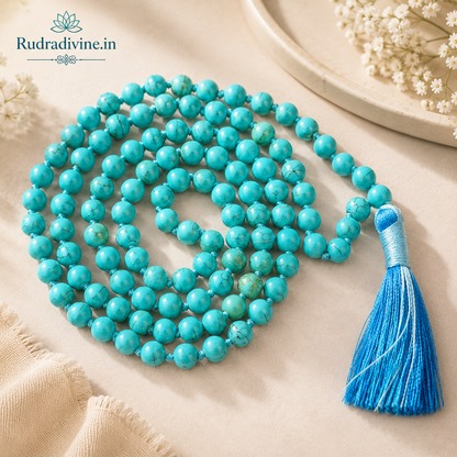 Turquoise Mala 108+1 Beads with natural 6MM Turquoise gemstones and official Lab Certificate by Rudradivine for meditation, protection, peace, and spiritual growth.