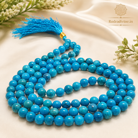 Turquoise Mala 108+1 Beads with natural 8MM Turquoise gemstones and official Lab Certificate by Rudradivine for meditation, protection, peace, and spiritual growth.