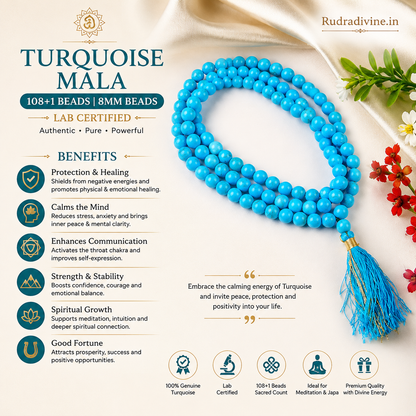 Turquoise Mala 108+1 Beads with natural 8MM Turquoise gemstones and official Lab Certificate by Rudradivine for meditation, protection, peace, and spiritual growth.
