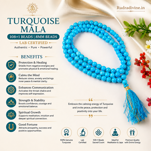 Turquoise Mala 108+1 Beads with natural 8MM Turquoise gemstones and official Lab Certificate by Rudradivine for meditation, protection, peace, and spiritual growth.