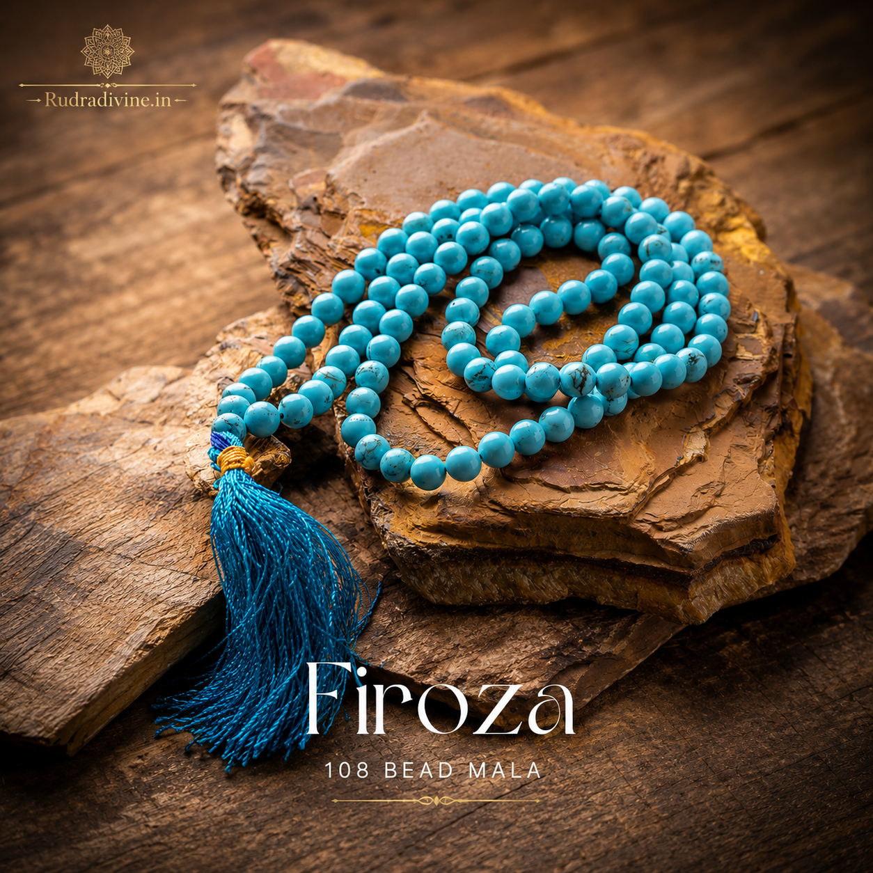 Turquoise Mala 108+1 Beads with natural 8MM Turquoise gemstones and official Lab Certificate by Rudradivine for meditation, protection, peace, and spiritual growth.