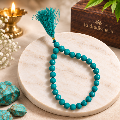 Turquoise Mala 27+1 Beads crafted with natural 8MM Turquoise (Firoza) gemstones and official Lab Certificate by Rudradivine for protection, meditation and spiritual wellness.