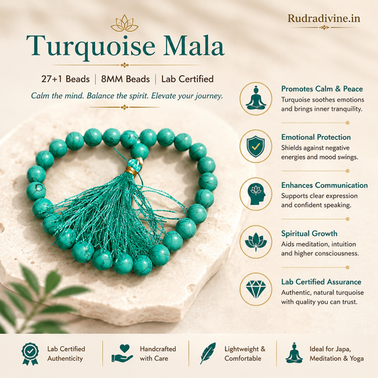 Turquoise Mala 27+1 Beads crafted with natural 8MM Turquoise (Firoza) gemstones and official Lab Certificate by Rudradivine for protection, meditation and spiritual wellness.