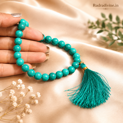 Turquoise Mala 27+1 Beads crafted with natural 8MM Turquoise (Firoza) gemstones and official Lab Certificate by Rudradivine for protection, meditation and spiritual wellness.