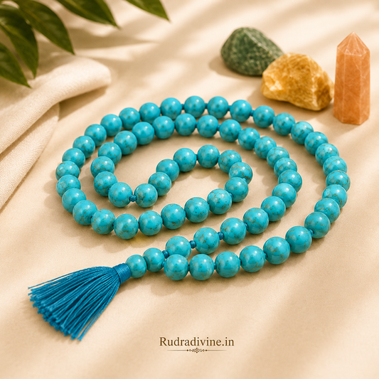 Turquoise Mala 54+1 Beads made with natural 8MM Turquoise (Firoza) gemstones and official Lab Certificate by Rudradivine for meditation, spiritual healing and daily wear.