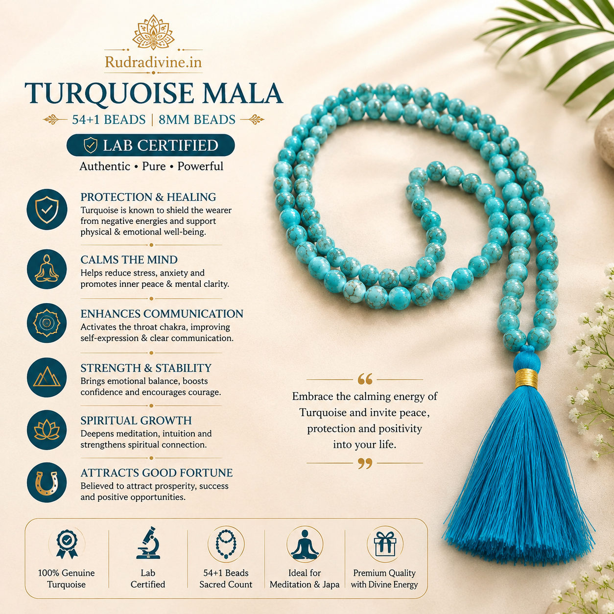 Turquoise Mala 54+1 Beads made with natural 8MM Turquoise (Firoza) gemstones and official Lab Certificate by Rudradivine for meditation, spiritual healing and daily wear.