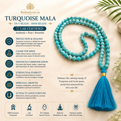 Turquoise Mala 54+1 Beads made with natural 8MM Turquoise (Firoza) gemstones and official Lab Certificate by Rudradivine for meditation, spiritual healing and daily wear.