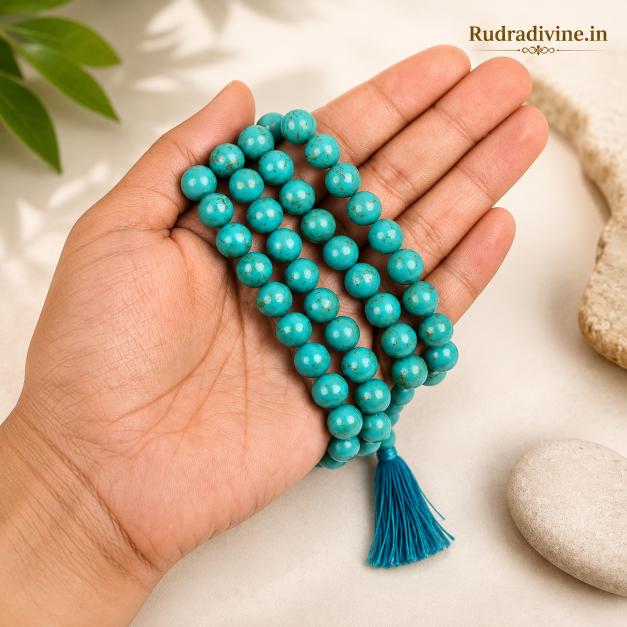 Turquoise Mala 54+1 Beads made with natural 8MM Turquoise (Firoza) gemstones and official Lab Certificate by Rudradivine for meditation, spiritual healing and daily wear.