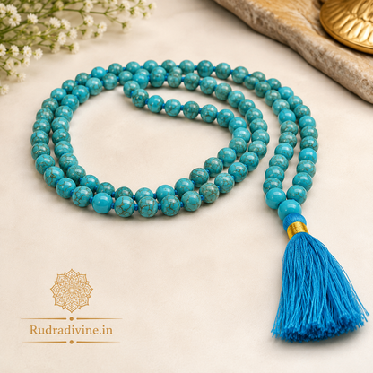 Turquoise Mala 54+1 Beads made with natural 8MM Turquoise (Firoza) gemstones and official Lab Certificate by Rudradivine for meditation, spiritual healing and daily wear.