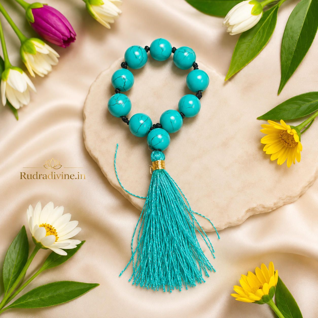 Turquoise Mala 9+1 Beads crafted with natural 8MM Turquoise (Firoza) gemstones and official Lab Certificate by Rudradivine for protection, meditation and spiritual wellness.