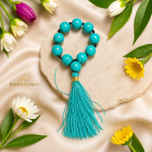 Turquoise Mala 9+1 Beads crafted with natural 8MM Turquoise (Firoza) gemstones and official Lab Certificate by Rudradivine for protection, meditation and spiritual wellness.
