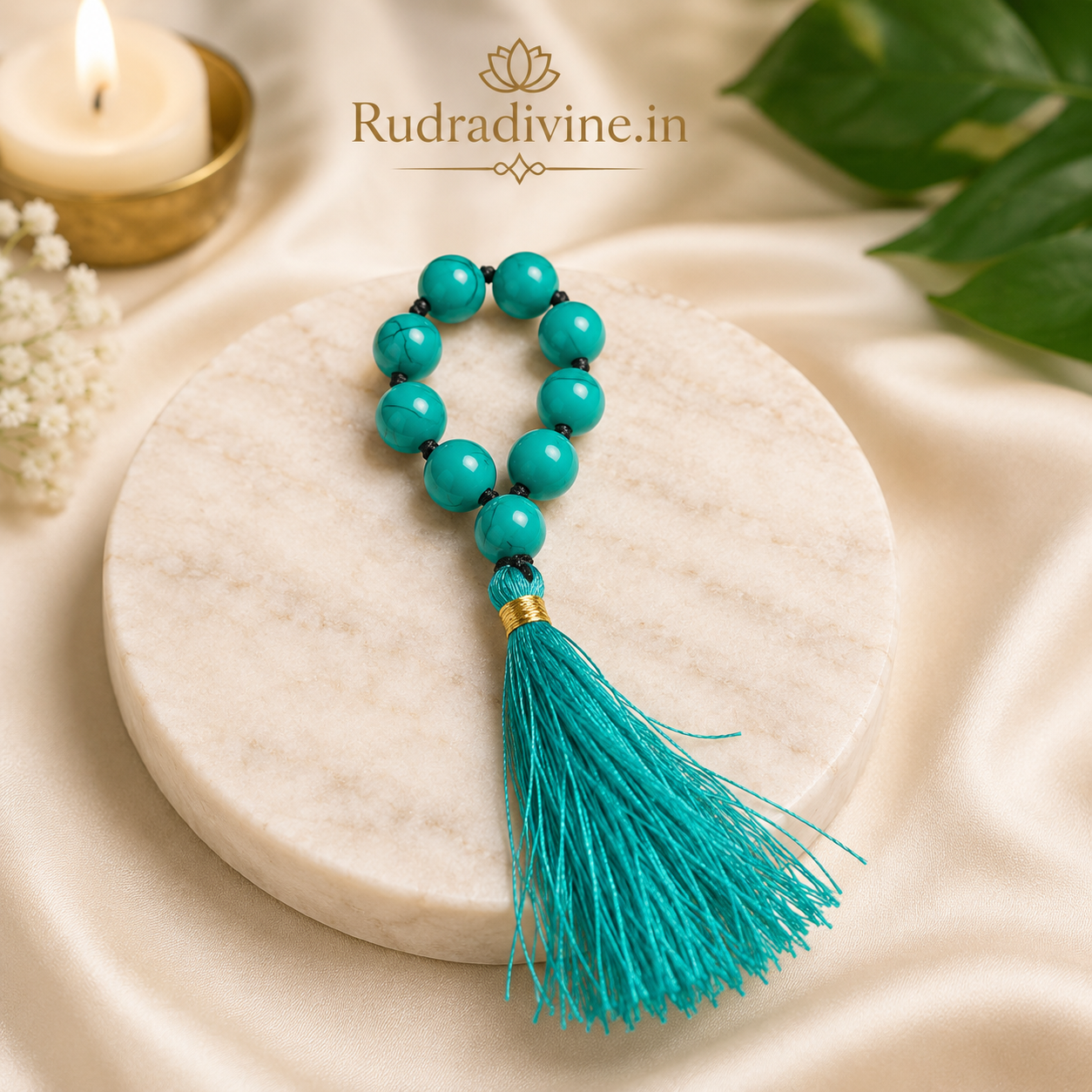 Turquoise Mala 9+1 Beads crafted with natural 8MM Turquoise (Firoza) gemstones and official Lab Certificate by Rudradivine for protection, meditation and spiritual wellness.
