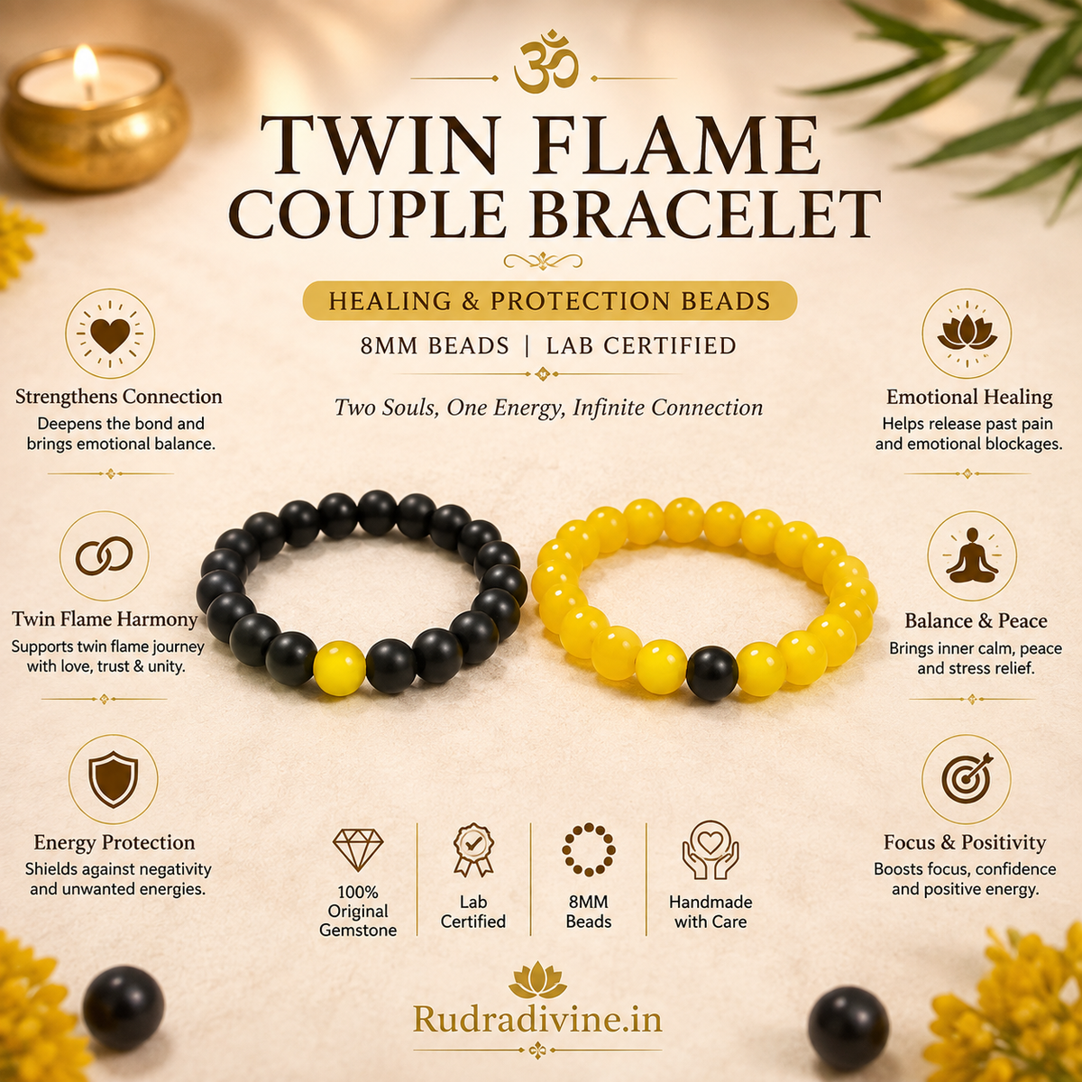 Twin Flame Couple Bracelet with 8MM healing and protection beads, lab certified by Rudradivine and designed to symbolize love, spiritual connection, harmony and togetherness.