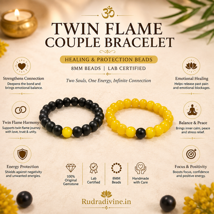 Twin Flame Couple Bracelet with 8MM healing and protection beads, lab certified by Rudradivine and designed to symbolize love, spiritual connection, harmony and togetherness.