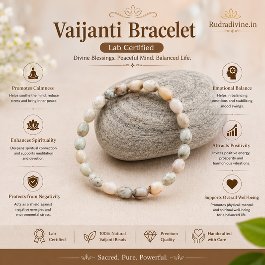 Vaijanti Bracelet crafted with natural Vaijanti (Vaijayanti) beads and official Lab Certificate by Rudradivine for prosperity, devotion, peace, spiritual growth, and divine blessings.