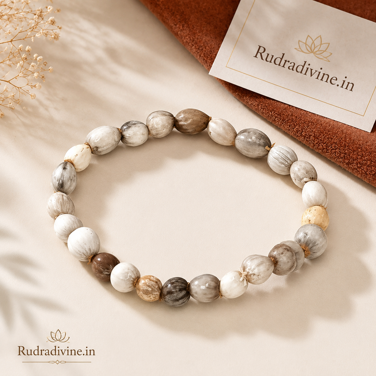 Vaijanti Bracelet crafted with natural Vaijanti (Vaijayanti) beads and official Lab Certificate by Rudradivine for prosperity, devotion, peace, spiritual growth, and divine blessings.