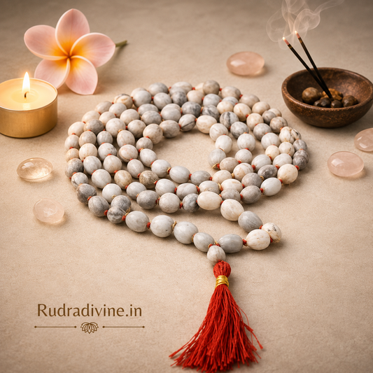 Vaijanti Mala 108+1 Beads 8MM crafted from natural Vaijanti seeds with official Lab Certificate by Rudradivine for devotion, meditation, and spiritual blessings.