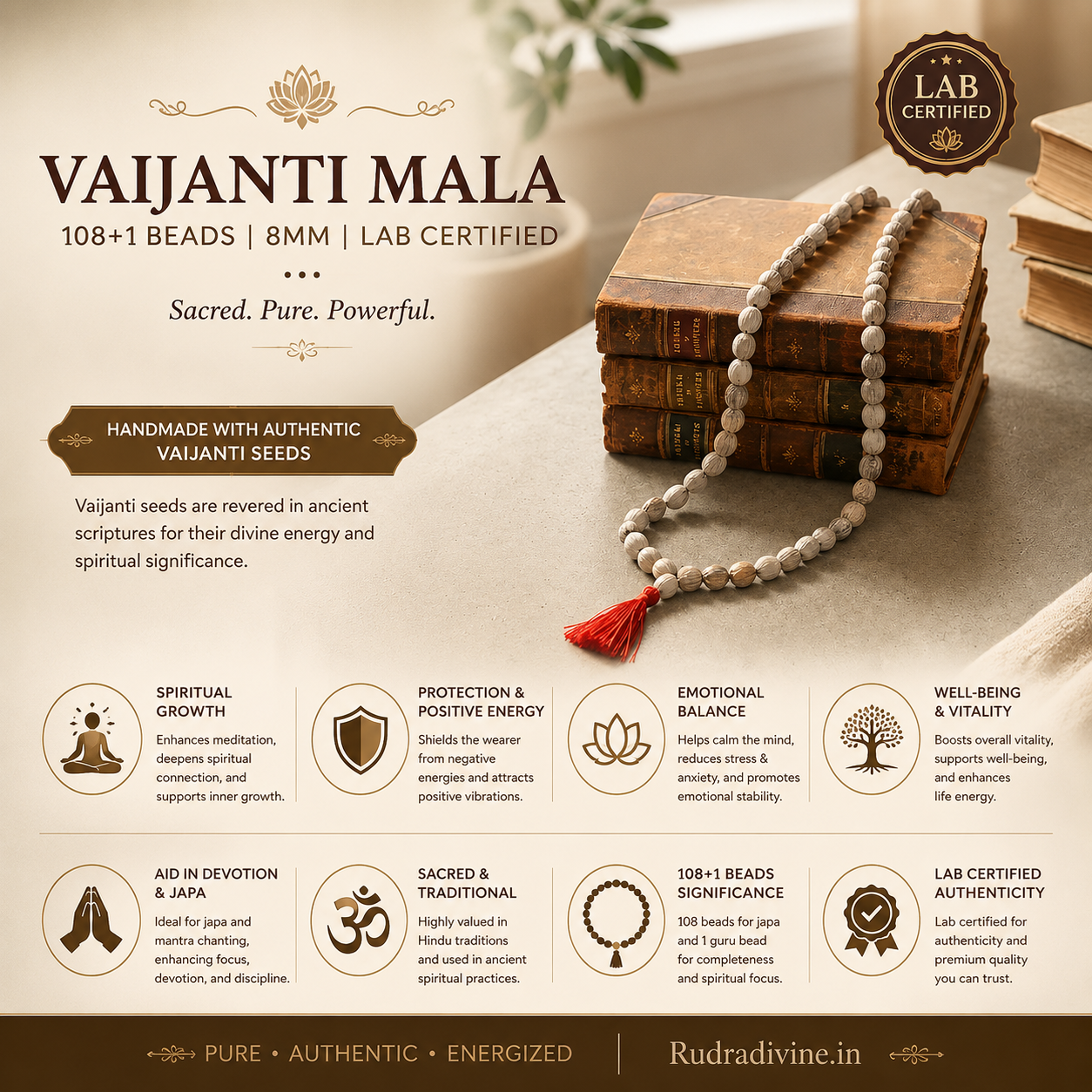 Vaijanti Mala 108+1 Beads 8MM crafted from natural Vaijanti seeds with official Lab Certificate by Rudradivine for devotion, meditation, and spiritual blessings.