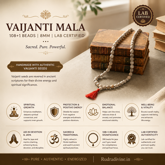 Vaijanti Mala 108+1 Beads 8MM crafted from natural Vaijanti seeds with official Lab Certificate by Rudradivine for devotion, meditation, and spiritual blessings.