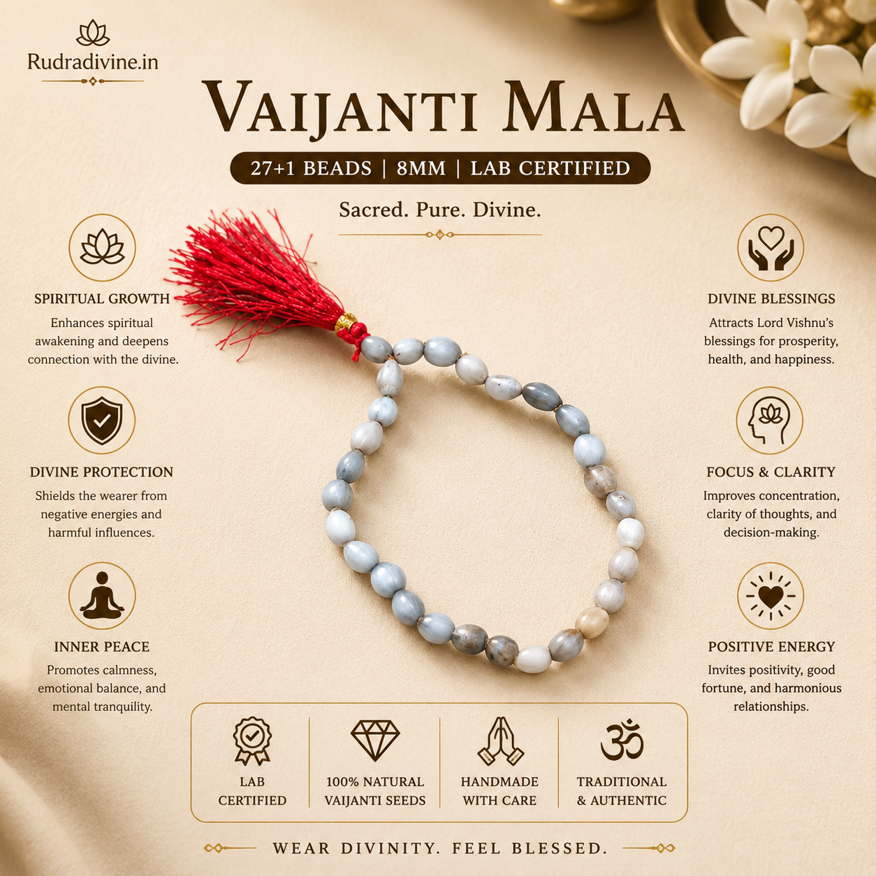 Vaijanti Mala 27+1 Beads 8MM crafted from natural Vaijanti seeds with official Lab Certificate by Rudradivine for devotion, meditation, and spiritual blessings.
