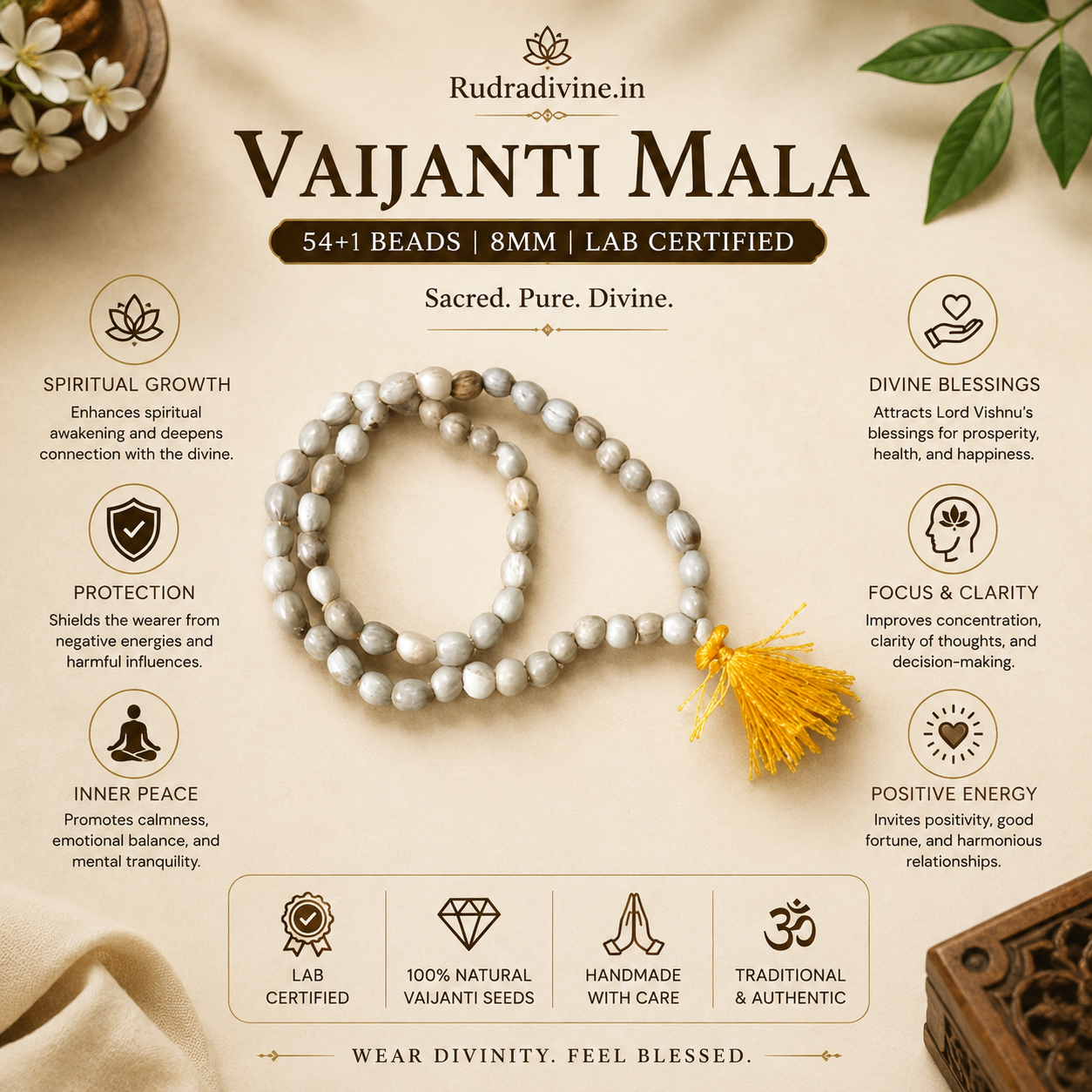 Vaijanti Mala 54+1 Beads 8MM crafted from natural Vaijanti seeds with official Lab Certificate by Rudradivine for devotion, meditation, and spiritual blessings.