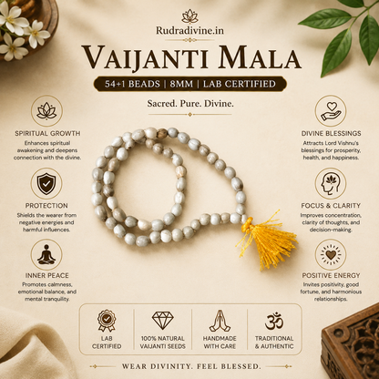 Vaijanti Mala 54+1 Beads 8MM crafted from natural Vaijanti seeds with official Lab Certificate by Rudradivine for devotion, meditation, and spiritual blessings.