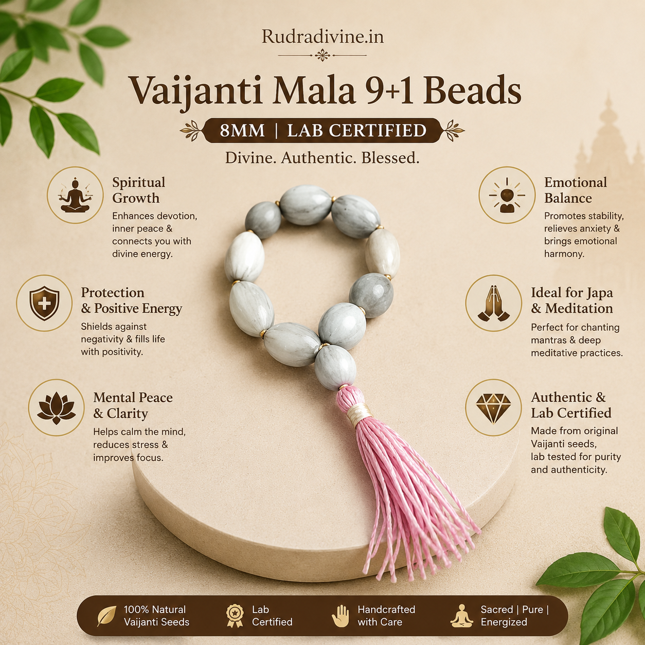 Vaijanti Mala 9+1 Beads 8MM crafted from natural Vaijanti seeds with official Lab Certificate by Rudradivine for devotion, meditation, and spiritual blessings.