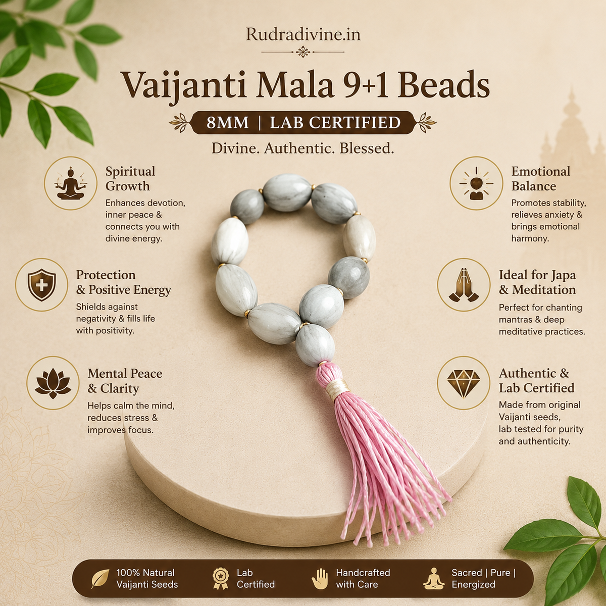 Vaijanti Mala 9+1 Beads 8MM crafted from natural Vaijanti seeds with official Lab Certificate by Rudradivine for devotion, meditation, and spiritual blessings.