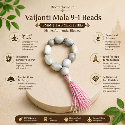 Vaijanti Mala 9+1 Beads 8MM crafted from natural Vaijanti seeds with official Lab Certificate by Rudradivine for devotion, meditation, and spiritual blessings.