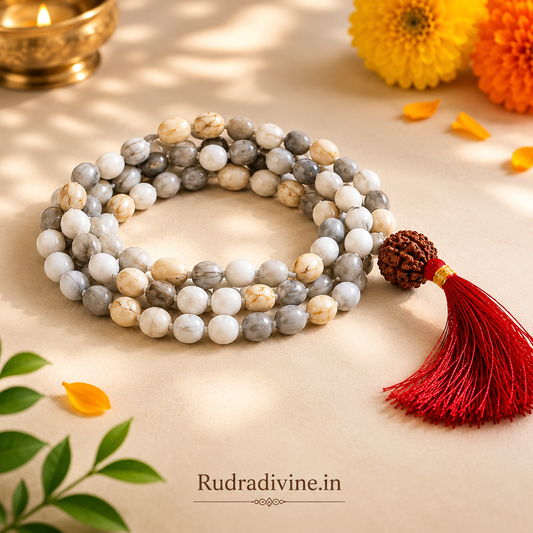 Vaijanti Mala with 5 Mukhi Rudraksha crafted from natural Vaijanti seeds and genuine Rudraksha with official Lab Certificate by Rudradivine for devotion, protection, meditation, and spiritual wellness.