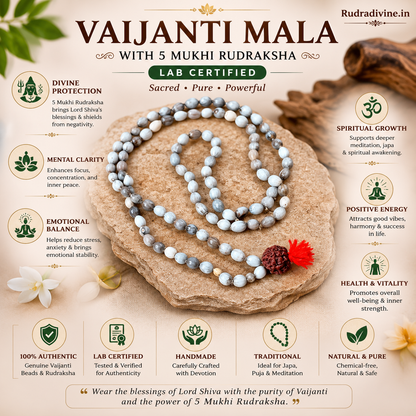 Vaijanti Mala with 5 Mukhi Rudraksha crafted from natural Vaijanti seeds and genuine Rudraksha with official Lab Certificate by Rudradivine for devotion, protection, meditation, and spiritual wellness.