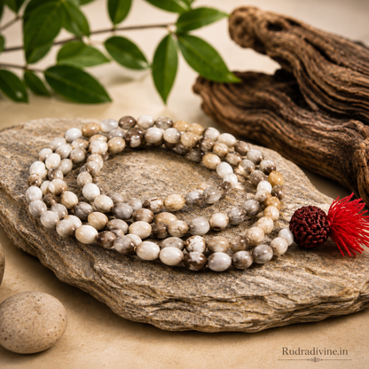 Vaijanti Mala with 5 Mukhi Rudraksha crafted from natural Vaijanti seeds and genuine Rudraksha with official Lab Certificate by Rudradivine for devotion, protection, meditation, and spiritual wellness.