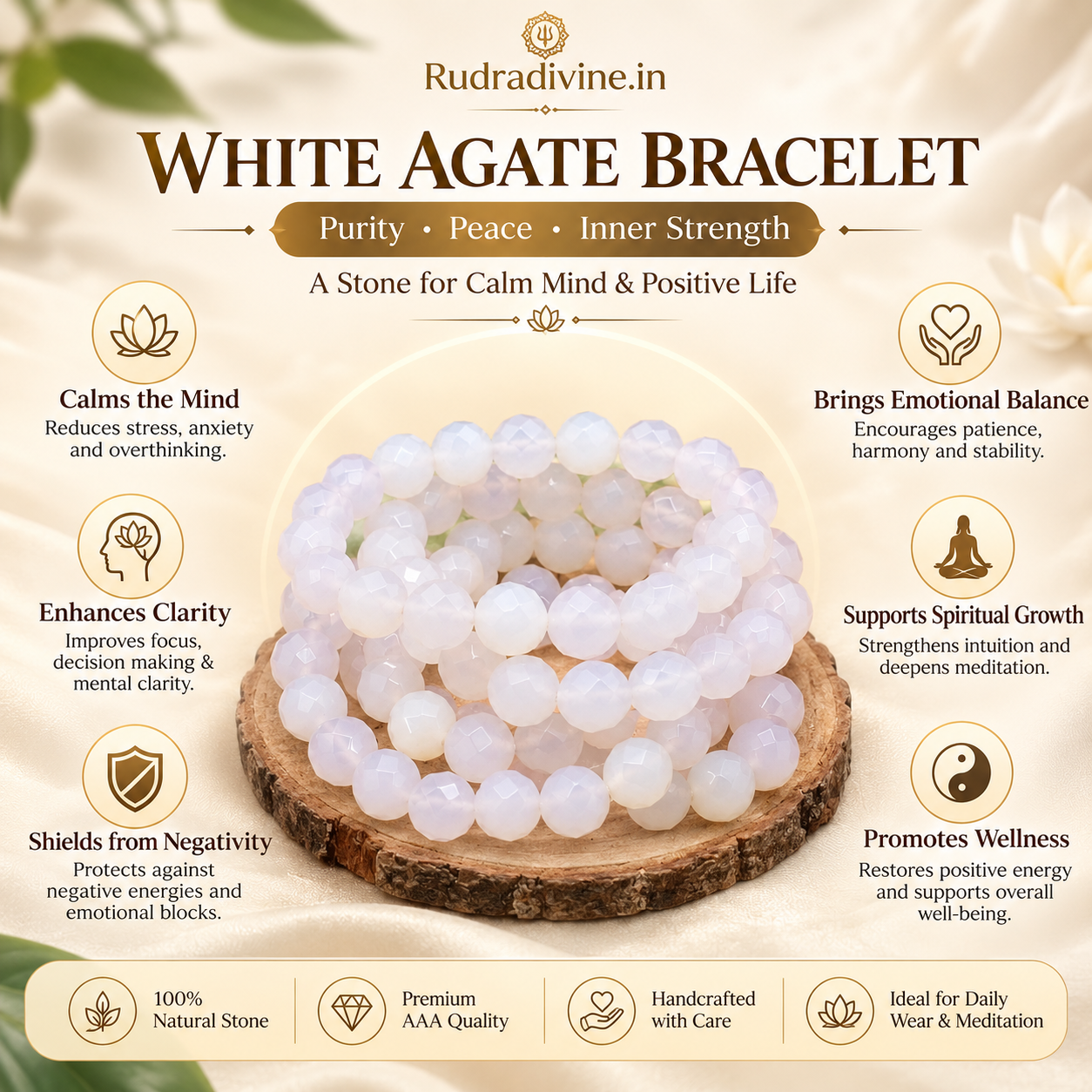 White Agate Bracelet 8MM Beads crafted with natural Blue Agate gemstones and official Lab Certificate by Rudra Divine for emotional balance, protection, and spiritual wellness.