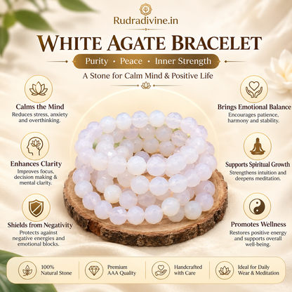 White Agate Bracelet 8MM Beads crafted with natural Blue Agate gemstones and official Lab Certificate by Rudra Divine for emotional balance, protection, and spiritual wellness.